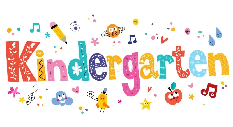 Colorful letters spell out 'Kindergarten' with playful illustrations like a pencil, music notes, and a smiling apple.