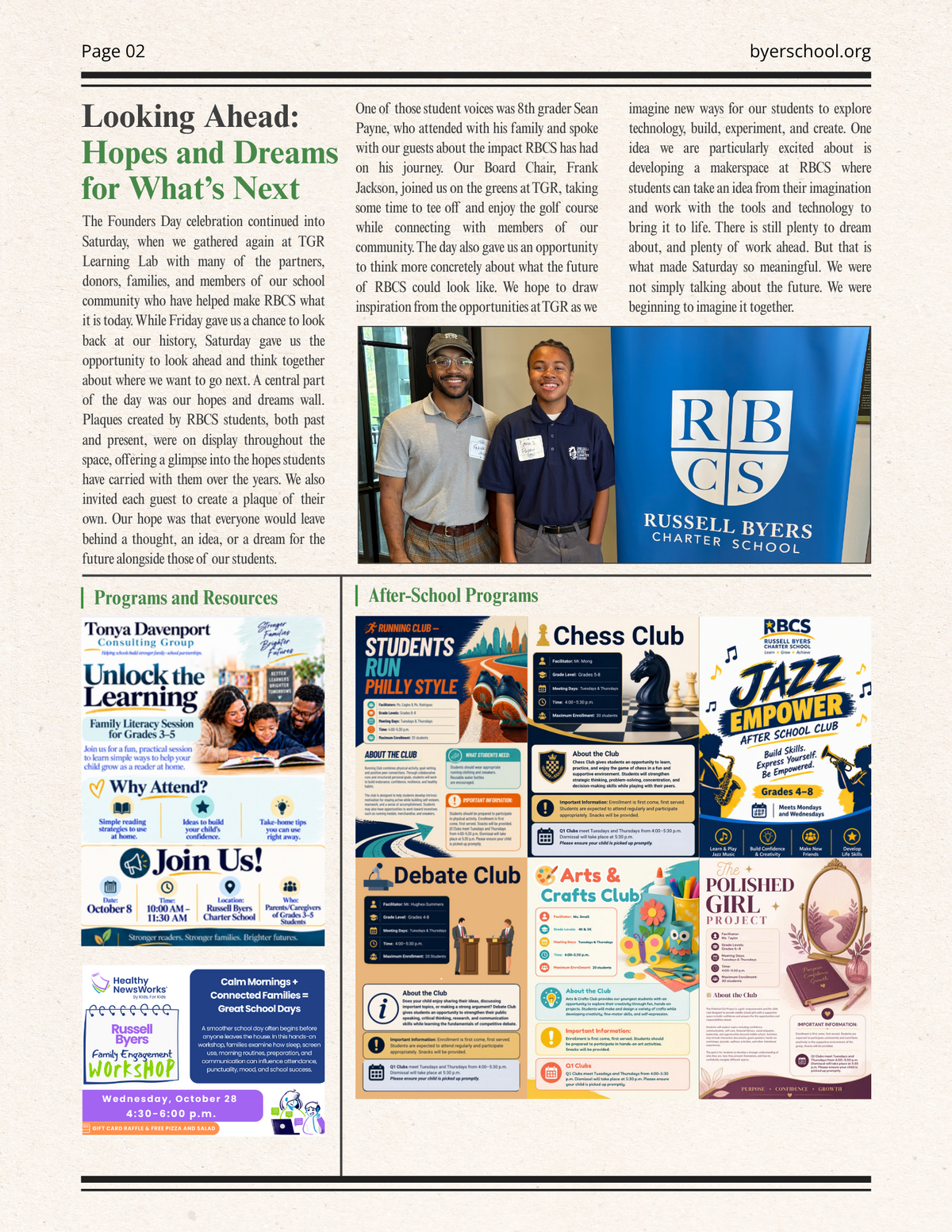 A newsletter page titled 'Looking Ahead: Hopes and Dreams for What's Next' with articles and photos.