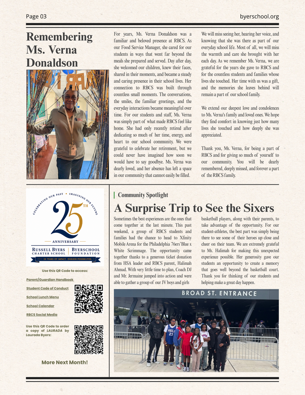 A school newsletter page features a memorial tribute with a photo, articles, a 25th-anniversary logo, and a community spotlight story with a photo.