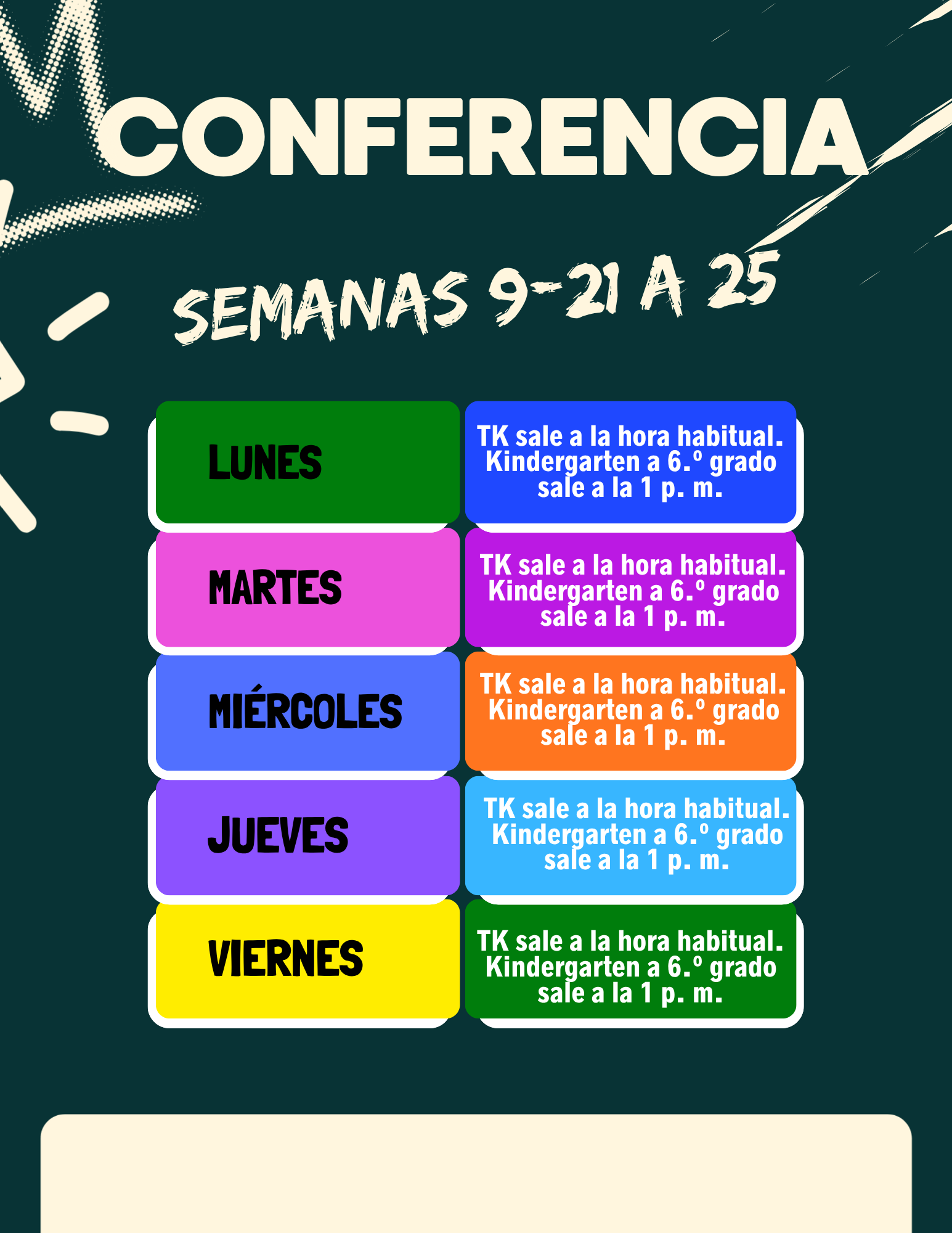 A schedule graphic in Spanish detailing conference week times, with weekdays listed in colored boxes.