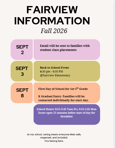 Fairview Elementary Fall 2026- Upcoming Important Dates