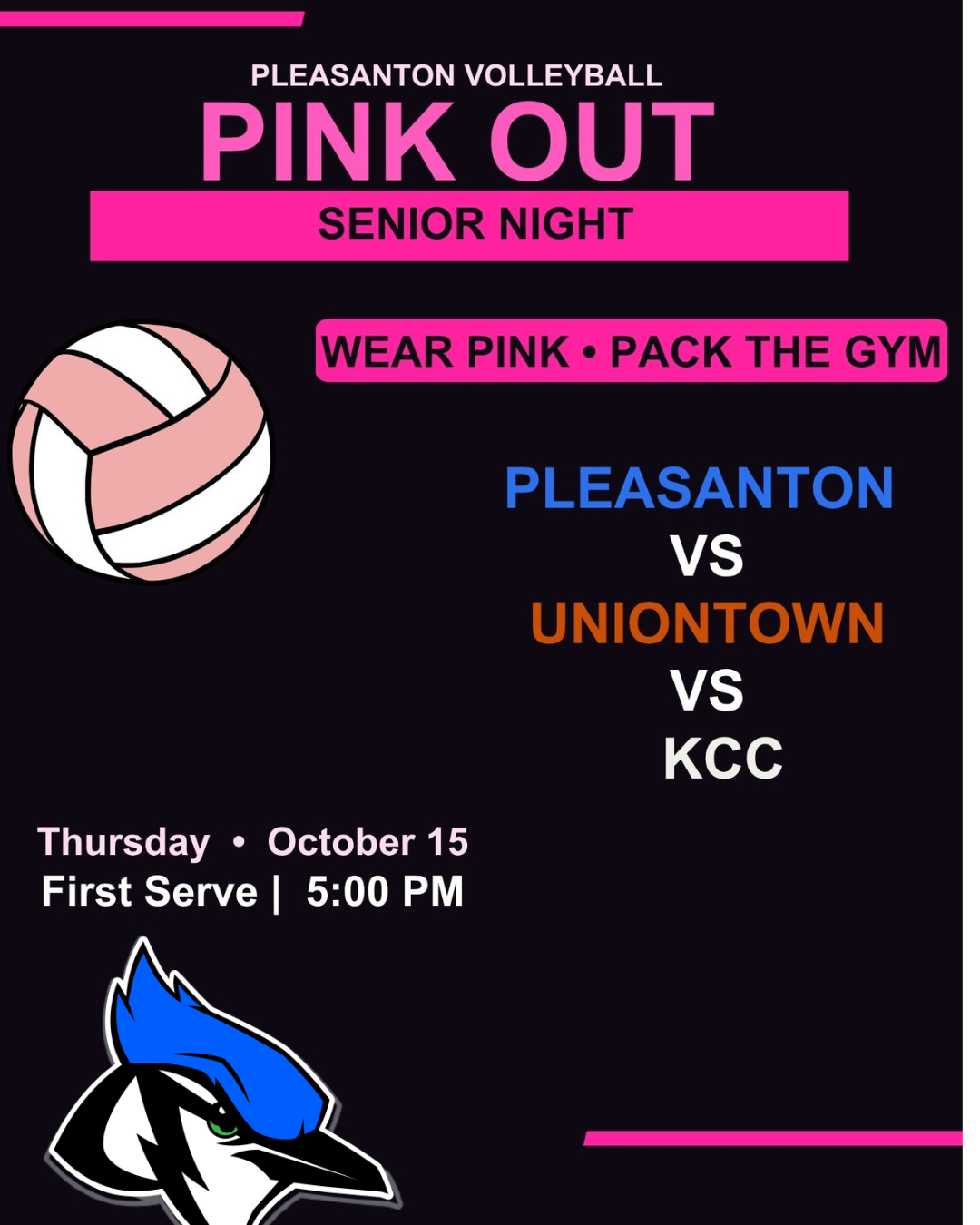 A promotional flyer for a Pleasanton Volleyball Pink Out Senior Night game on Thursday, October 15, at 5:00 PM.
