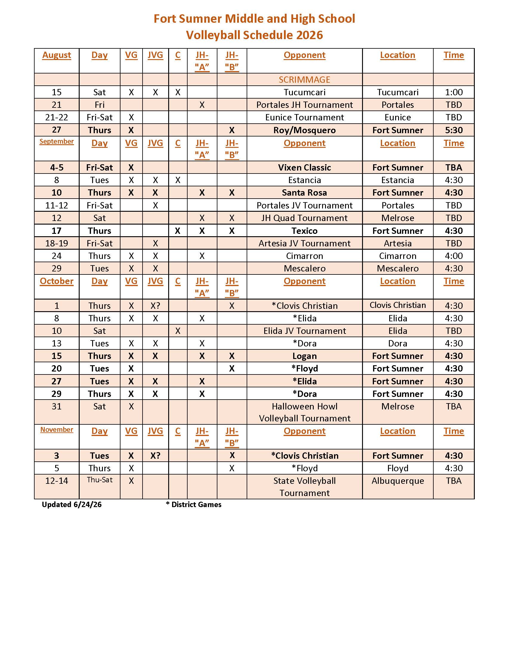 FALL SPORTS SCHEDULES