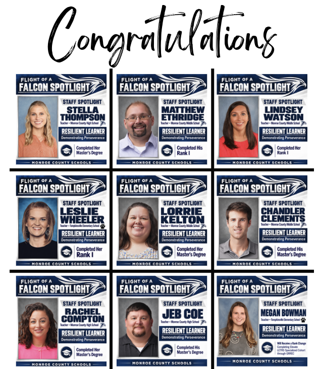 A graphic celebrating Monroe County Schools staff members under the heading 'Flight of a Falcon Spotlight'.