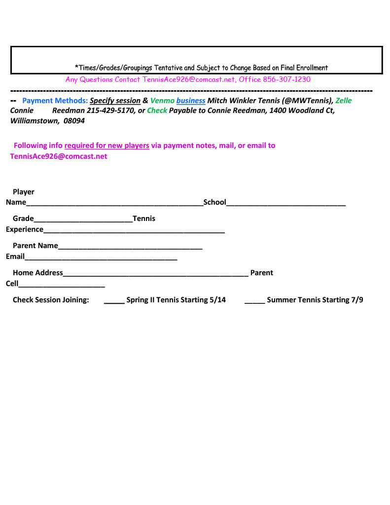 A form for tennis program registration with fields for player name, grade, experience, and contact information.