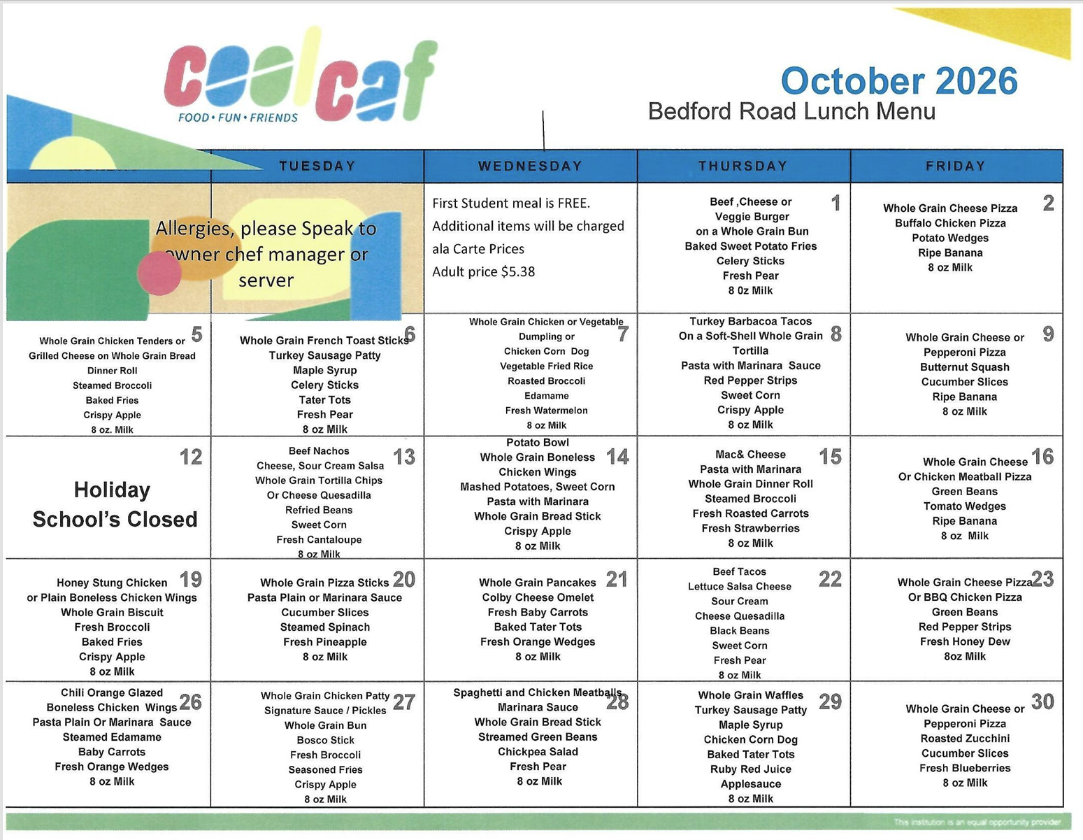 BRS October '26 Breakfast and Lunch Menus