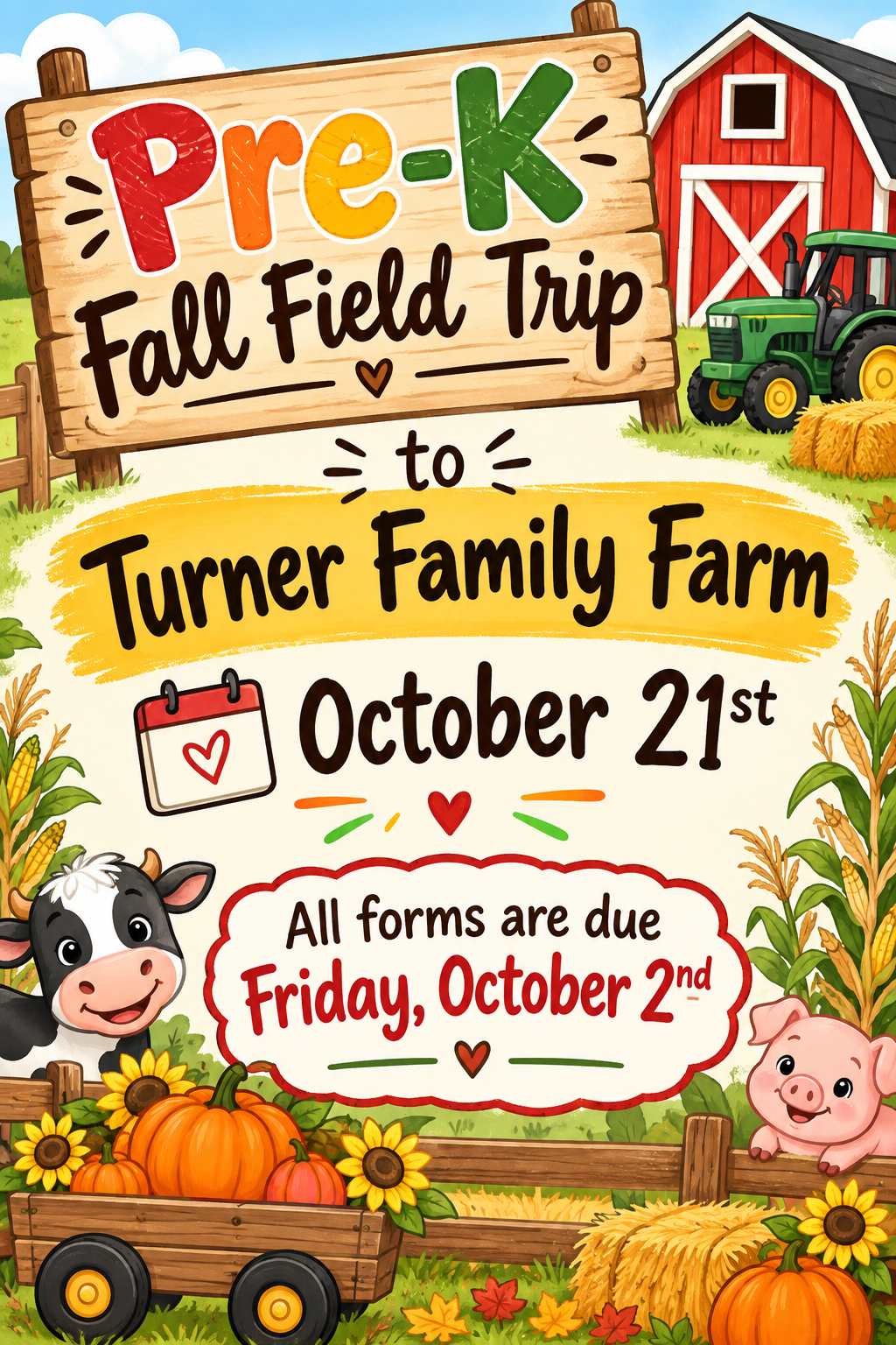 A colorful, illustrated flyer for a Pre-K Fall Field Trip to Turner Family Farm on October 21st, with a due date of October 2nd.