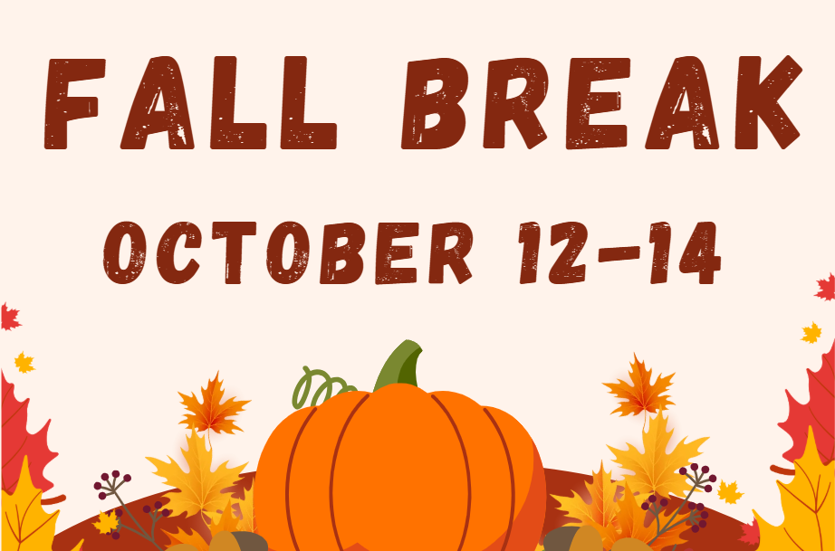 A graphic announcing a fall break from October 12 to 14, featuring a central pumpkin and autumn leaves.