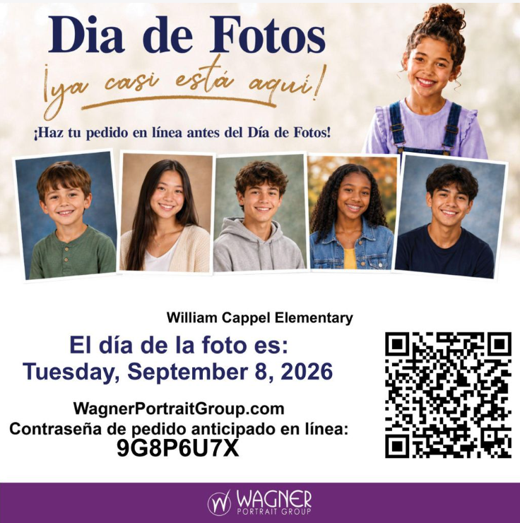 Announcement for 'Dia de Fotos' (Photo Day) at William Cappel Elementary, featuring portraits of five smiling students.
