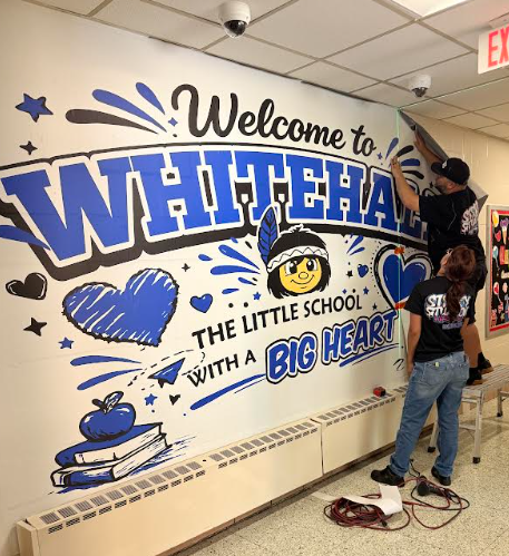 Two people work together to apply a large vinyl wall mural in a school hallway.