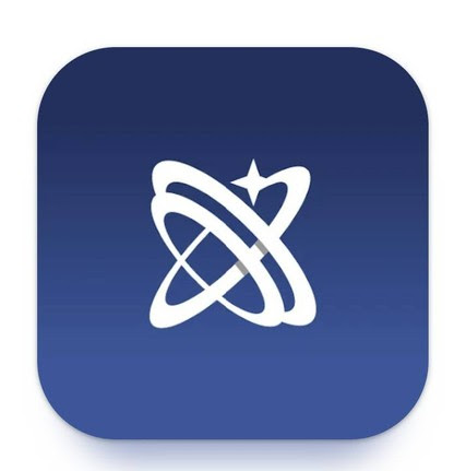 A white abstract logo with orbiting rings and a star on a blue gradient background.