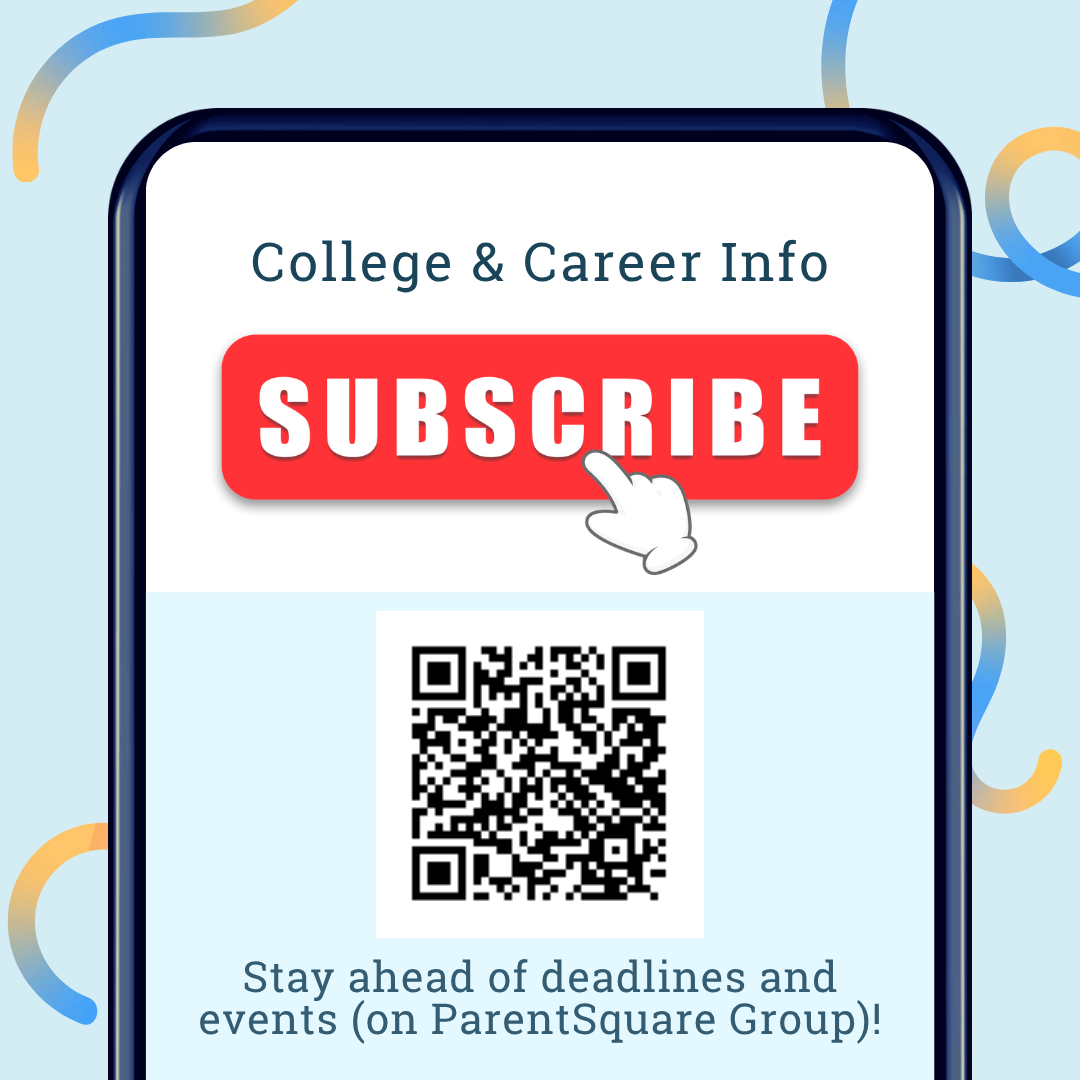 A digital flyer on a phone screen reads "College & Career Info" with a red "SUBSCRIBE" button and a cursor hand pointing to it.