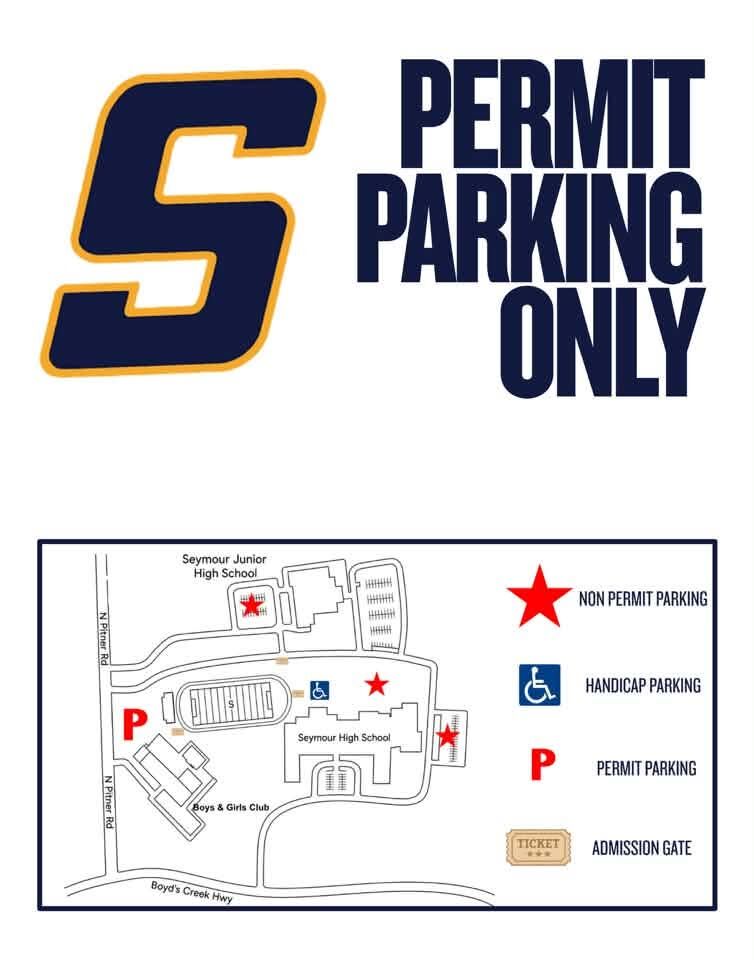 A parking map of Seymour High School with text reading PERMIT PARKING ONLY at the top and a large 'S' logo.