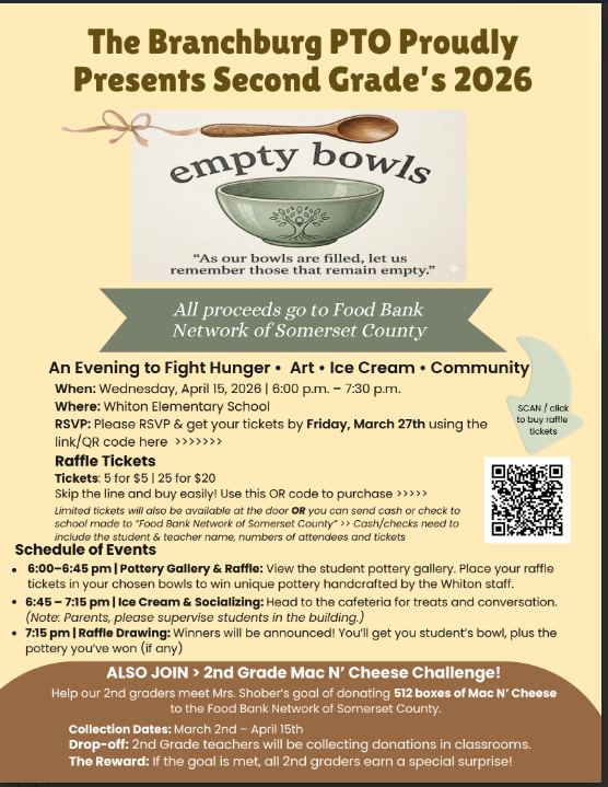 Poster for Branchburg PTO's 'Empty Bowls' event featuring second graders, art, ice cream, and community.