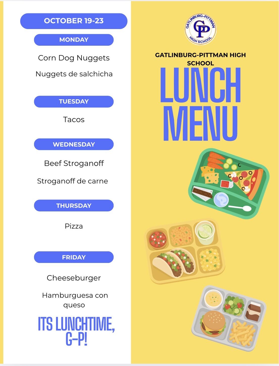 Lunch Menu For October 19-23, 2026