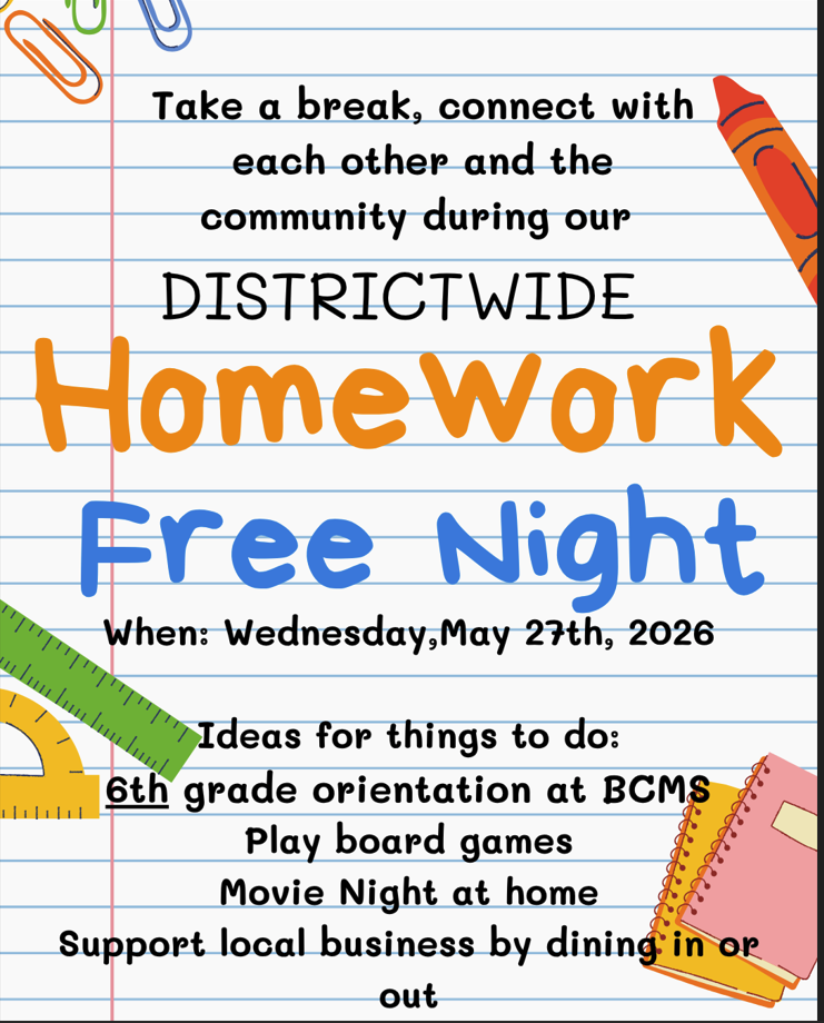 Poster announcing a DISTRICTWIDE Homework Free Night on Wednesday, May 27th, 2026.