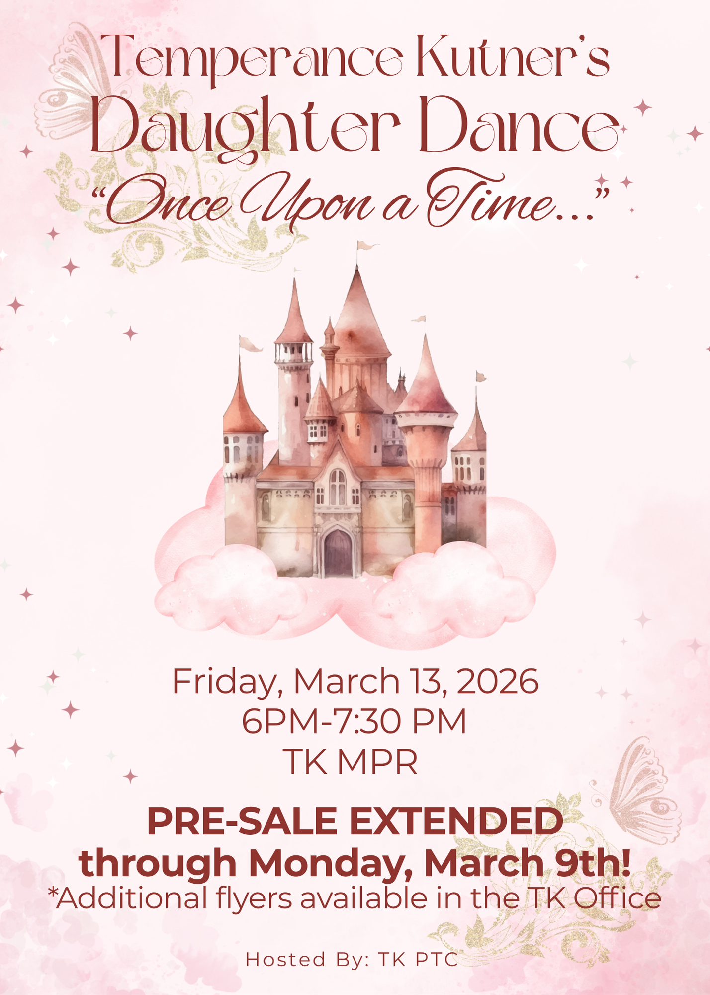 Poster for Temperance Kutner's Daughter Dance titled 'Once Upon a Time...', featuring a watercolor castle on clouds.