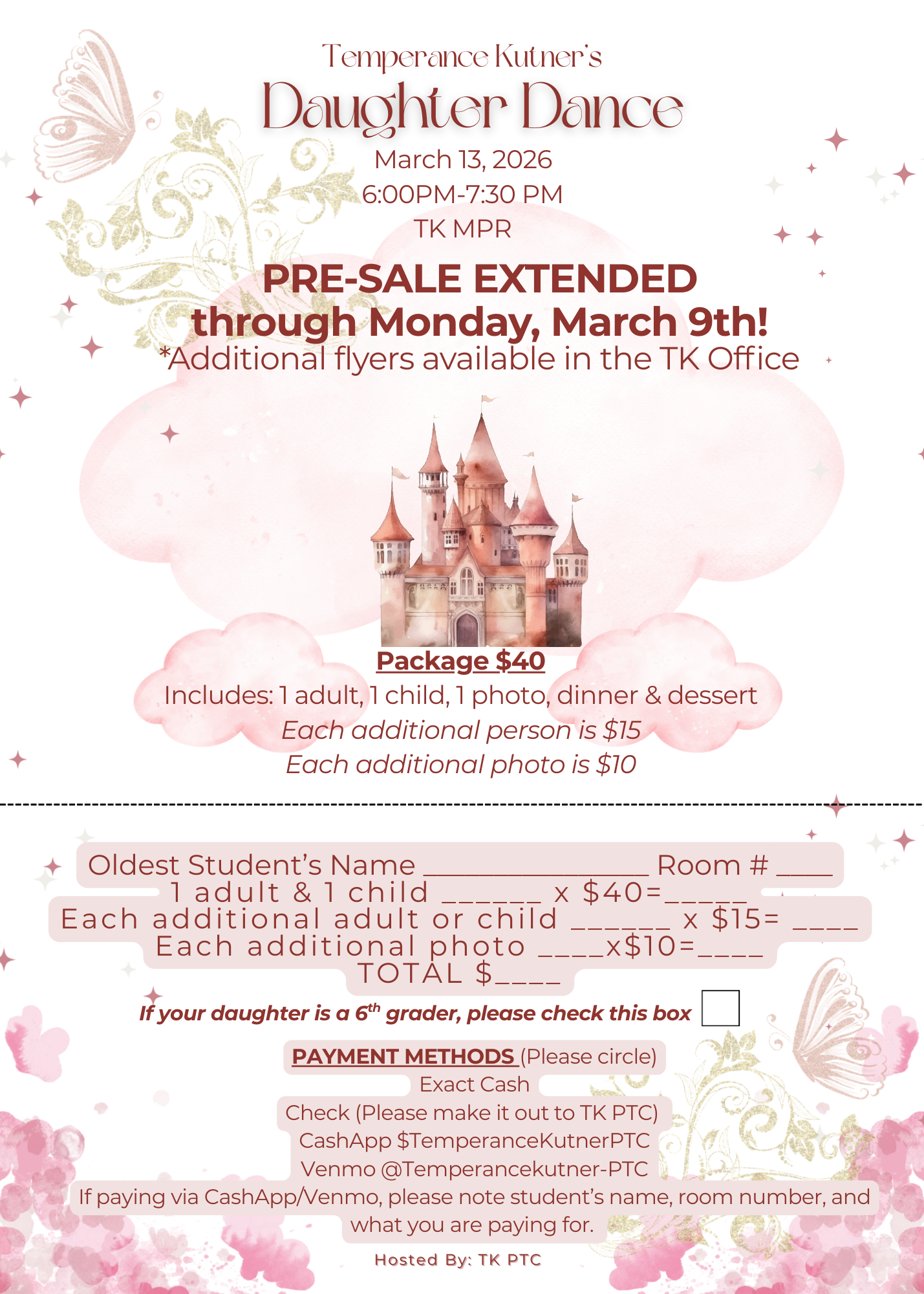 Flyer for Temperance Kutner's Daughter Dance on March 13, 2026, with pre-sale extended to March 9th.