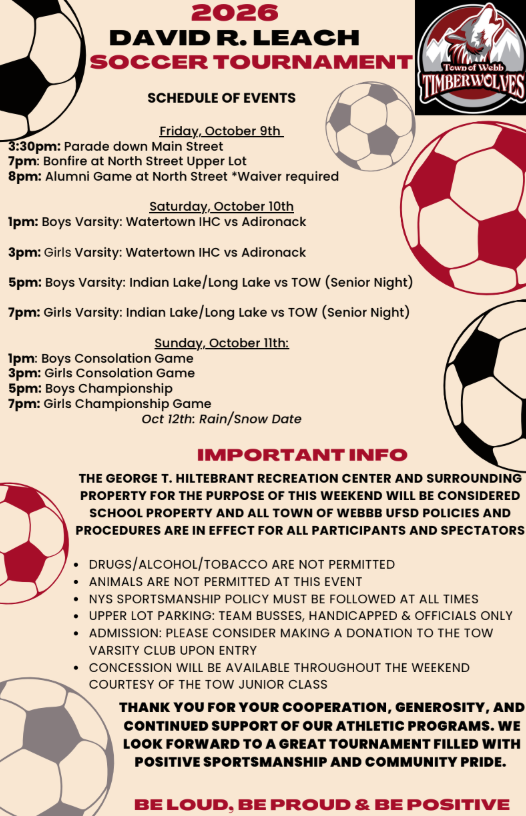 Schedule for the 2026 David R. Leach Soccer Tournament 