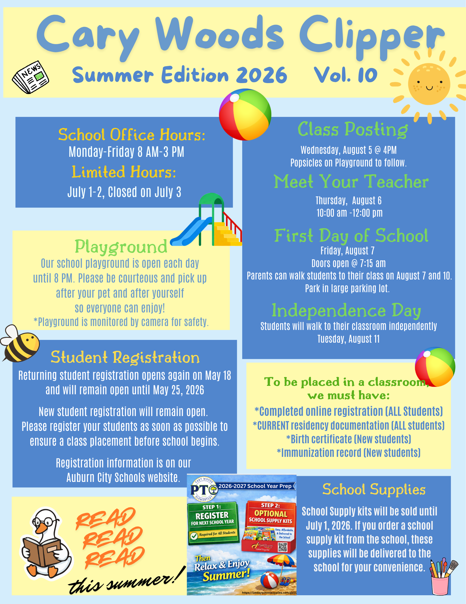 Cary Woods Clipper Summer Edition 2026 newsletter with school information, dates, and registration details.