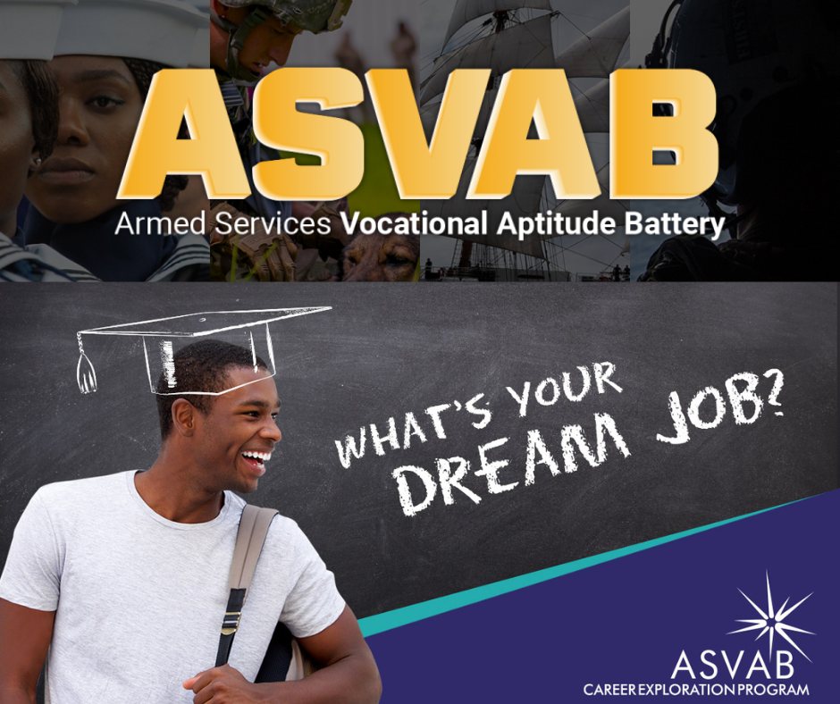 A young man smiles while looking to the side, with a graduation cap drawn above his head and the text 'WHAT'S YOUR DREAM JOB?' on a chalkboard.