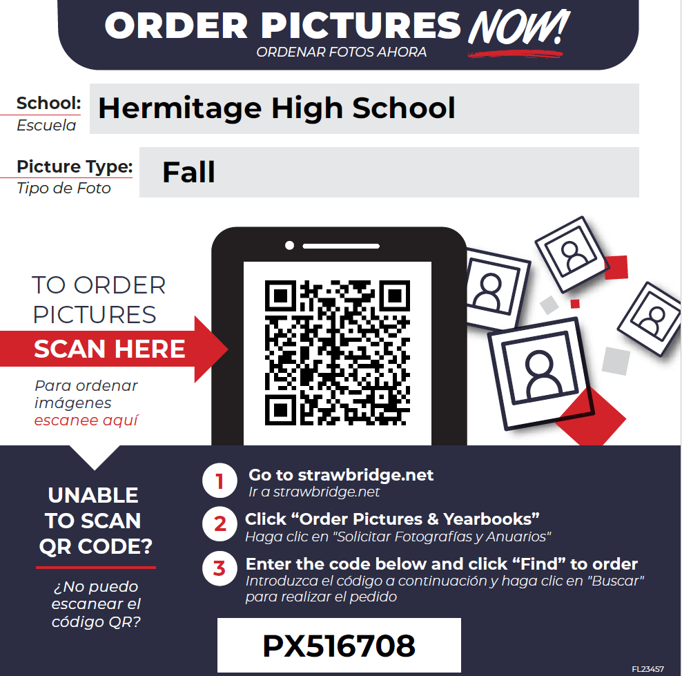 Instructions to order fall pictures for Hermitage High School, featuring a QR code and order code PX516708.