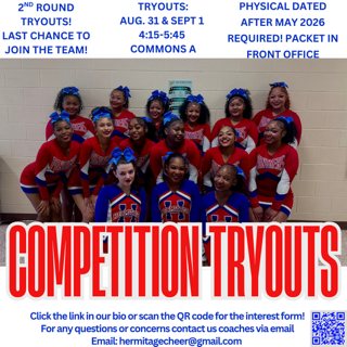 A group of young cheerleaders in red and blue uniforms pose for a photo, advertising competition tryouts.