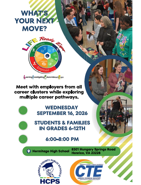 Poster for the LIFE Ready Expo at Hermitage High School on Wednesday, September 16, 2026, from 6-8 PM.