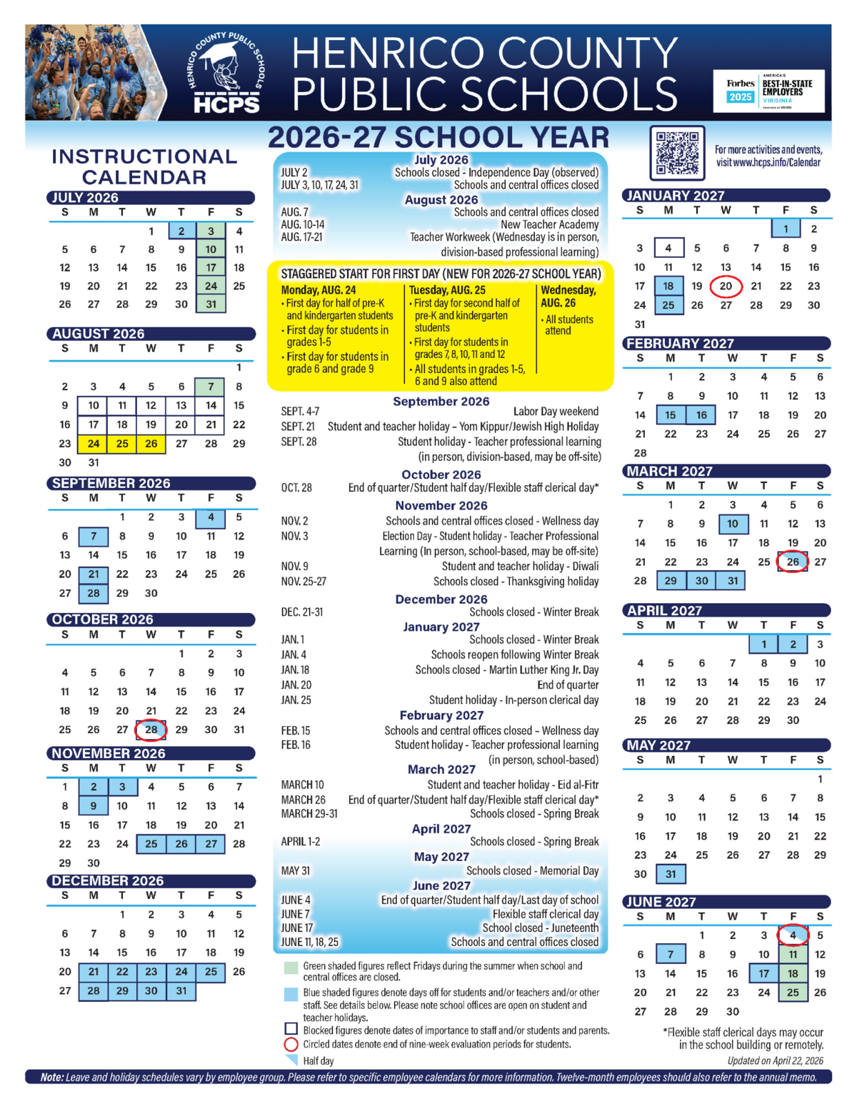 Henrico County Public Schools 2026-27 instructional calendar with monthly views and key dates.