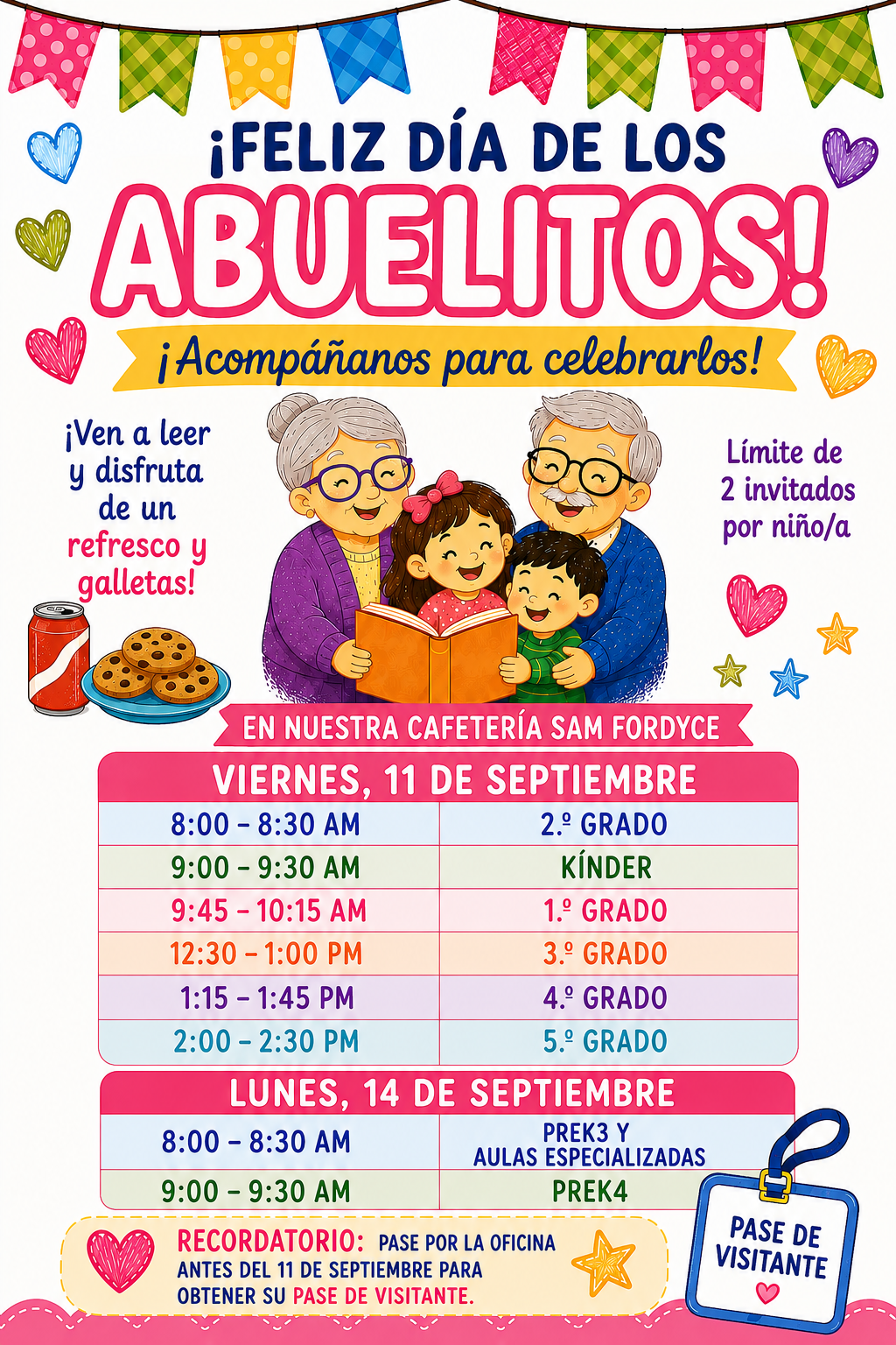 A colorful flyer in Spanish for Grandparents' Day, featuring an illustration of grandparents reading with children and a schedule for September events.