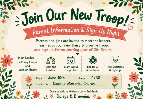 Community News - Parent Information & Sign-Up Night for Daisys & Brownies, Kindergarten through 3rd Grade - June 10, 2026, at Niccolls Memorial Church