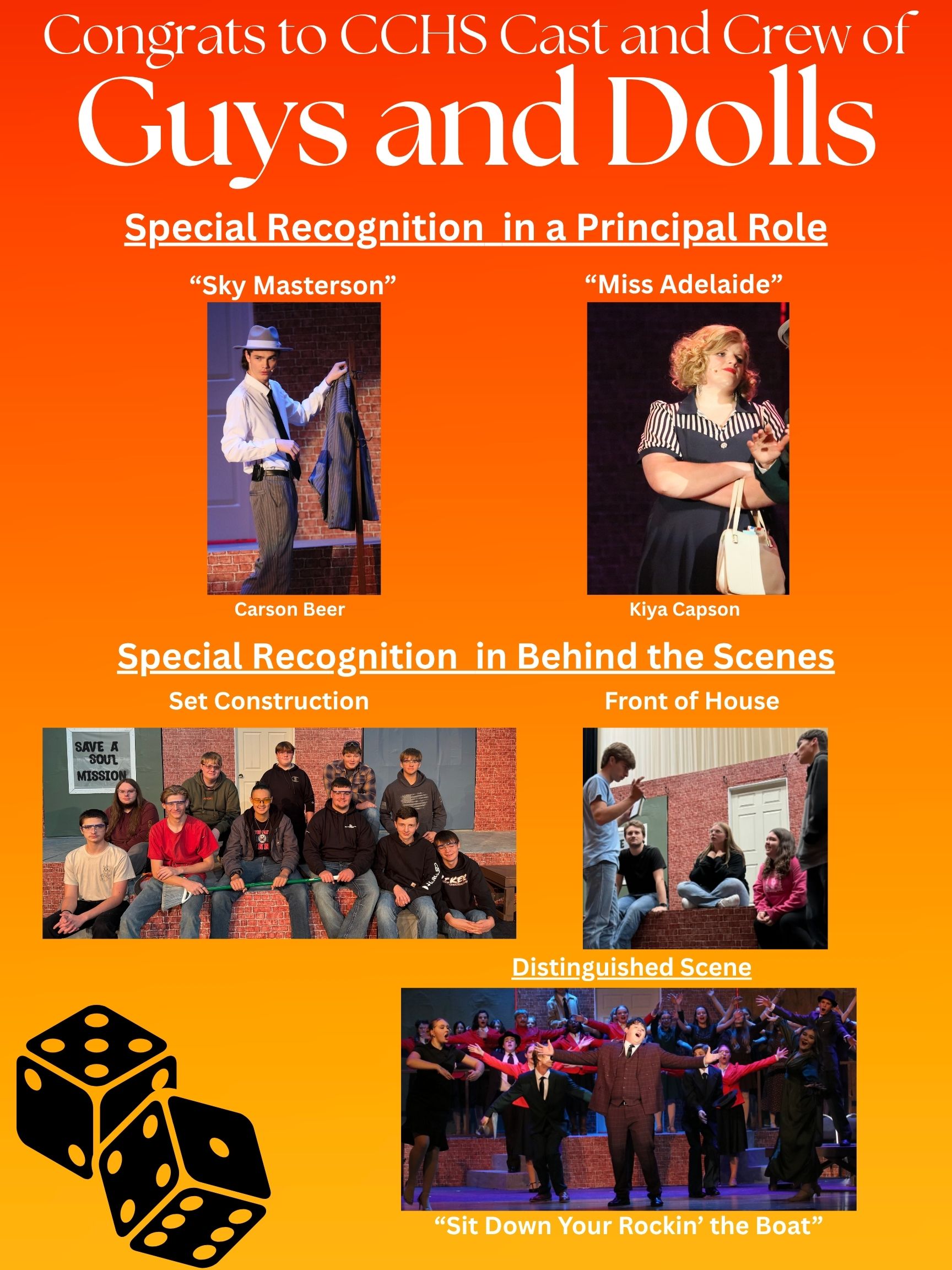 Poster congratulating the CCHS Cast and Crew of 'Guys and Dolls', featuring photos of actors and crew.