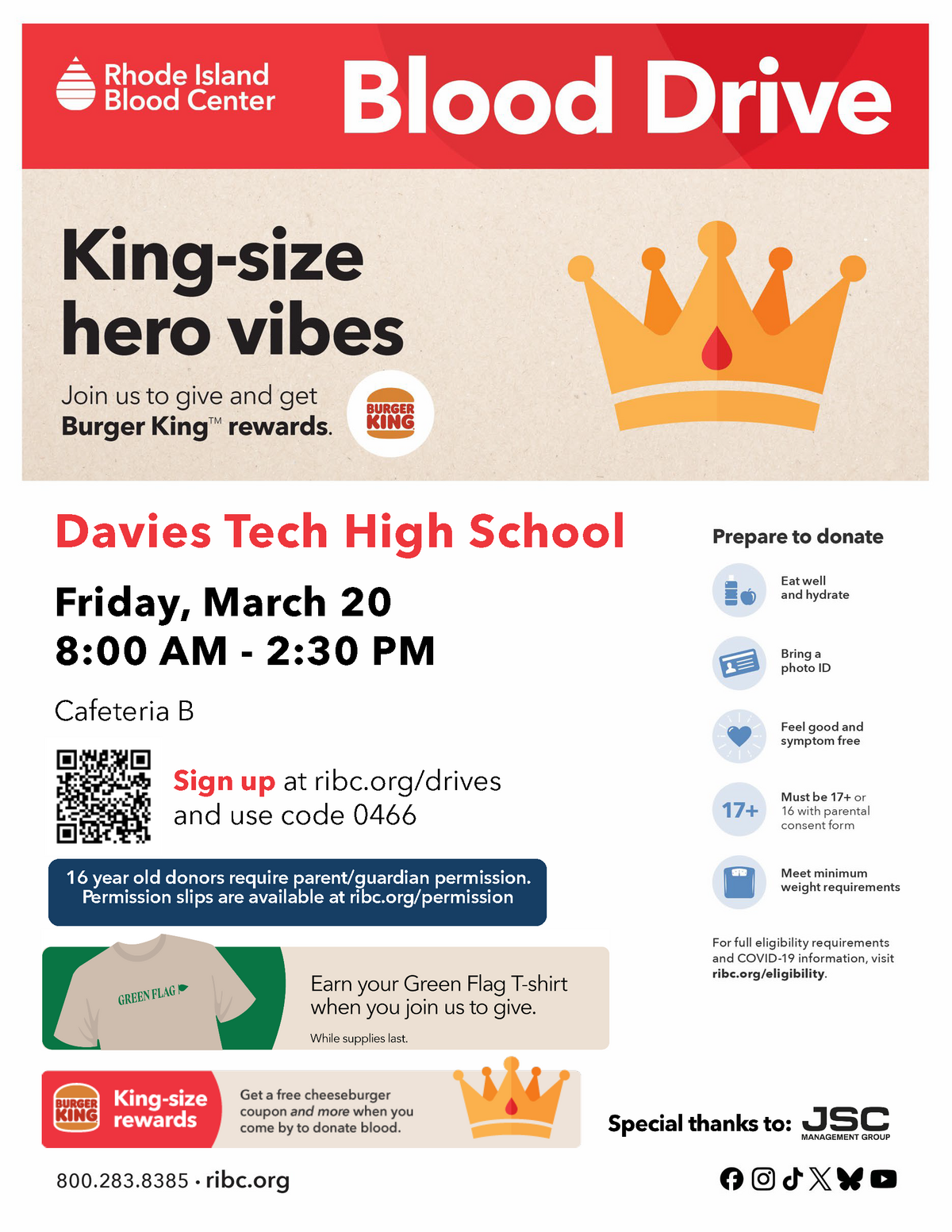 Poster for a Blood Drive at Davies Tech High School on Friday, March 20, from 8:00 AM to 2:30 PM in Cafeteria B, hosted by Rhode Island Blood Center.