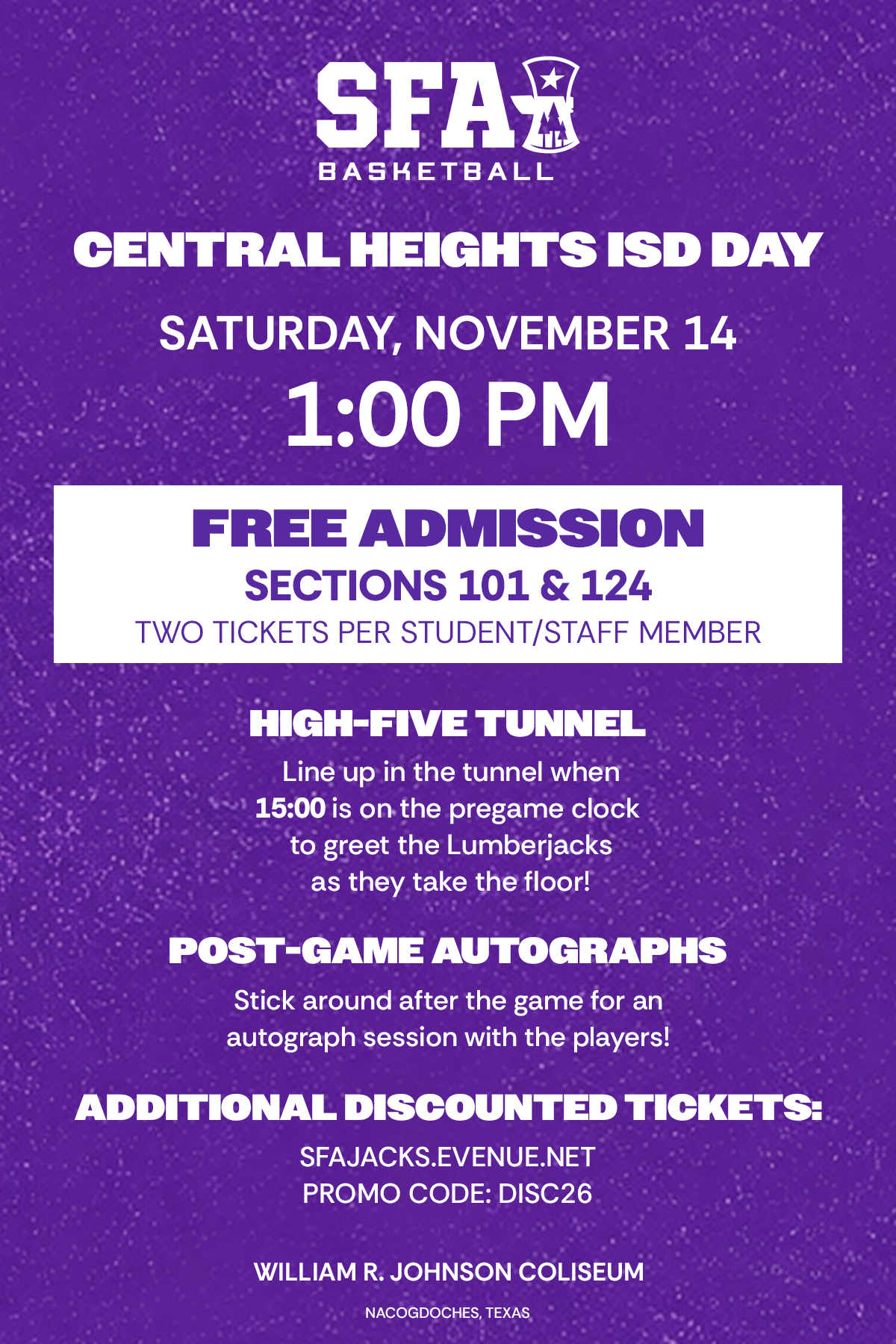 SAVE THE DATE: Central Heights ISD Day with SFA Basketball! 🏀 Purple Up, Blue Devil Nation!