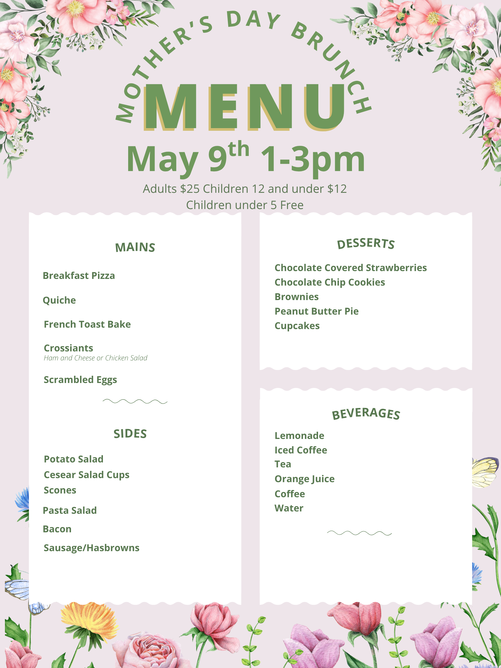 Menu for the May 9 Community Leadership Mother's Day Brunch