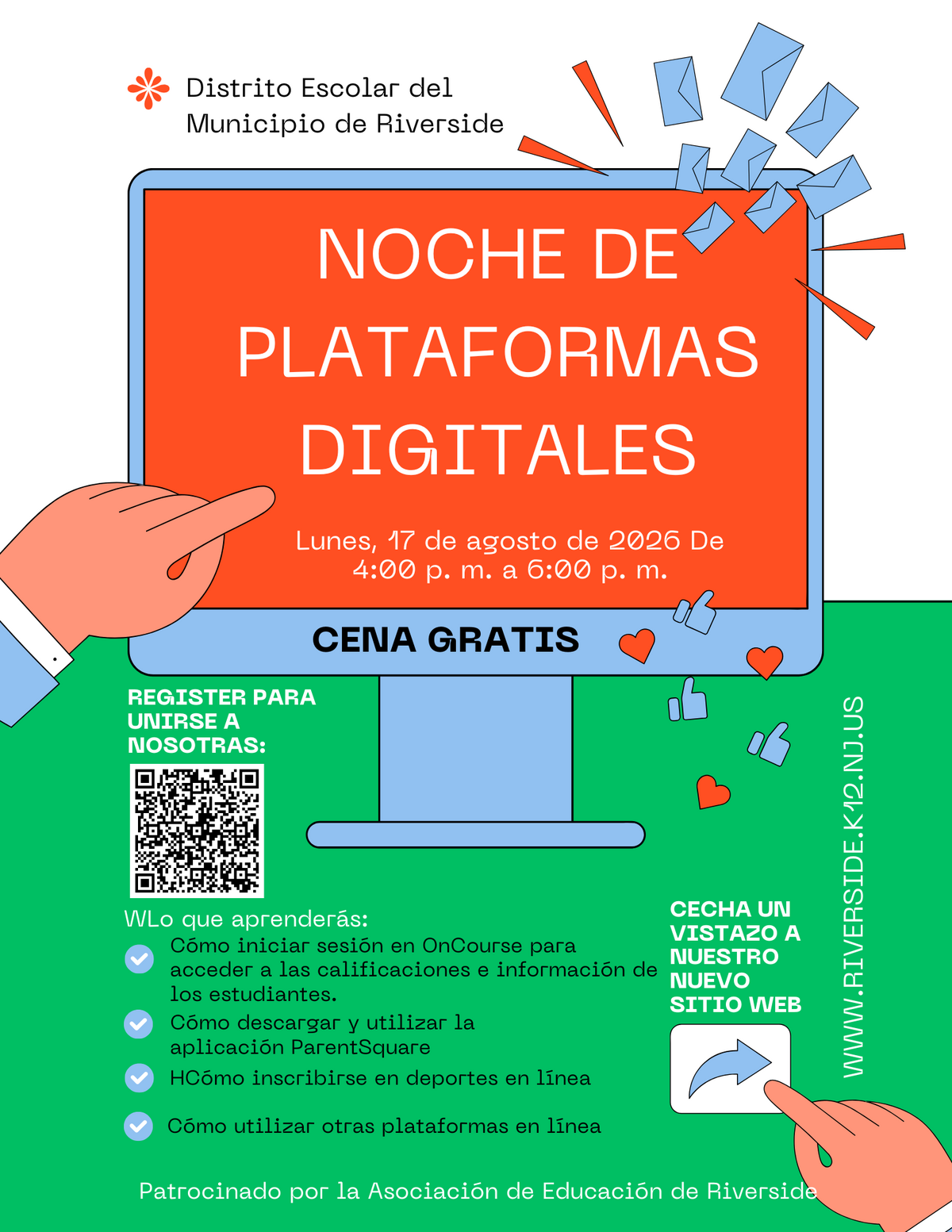 Poster for 'Digital Platforms Night' hosted by Riverside Unified School District on August 17, 2026, from 4-6 PM, with free dinner.