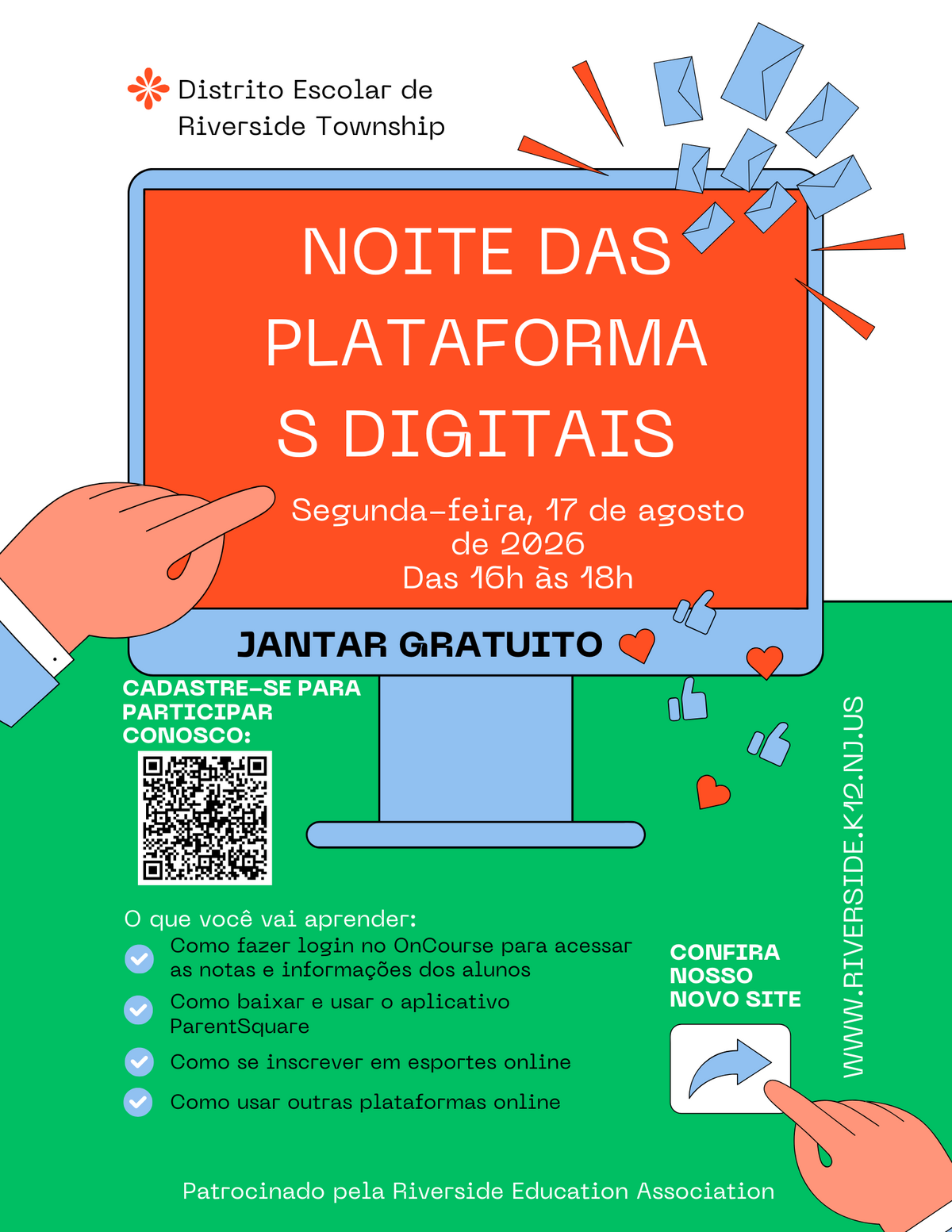 Poster for 'Noite das Plataformas Digitais' hosted by Riverside Township School District, featuring a computer screen and event details.