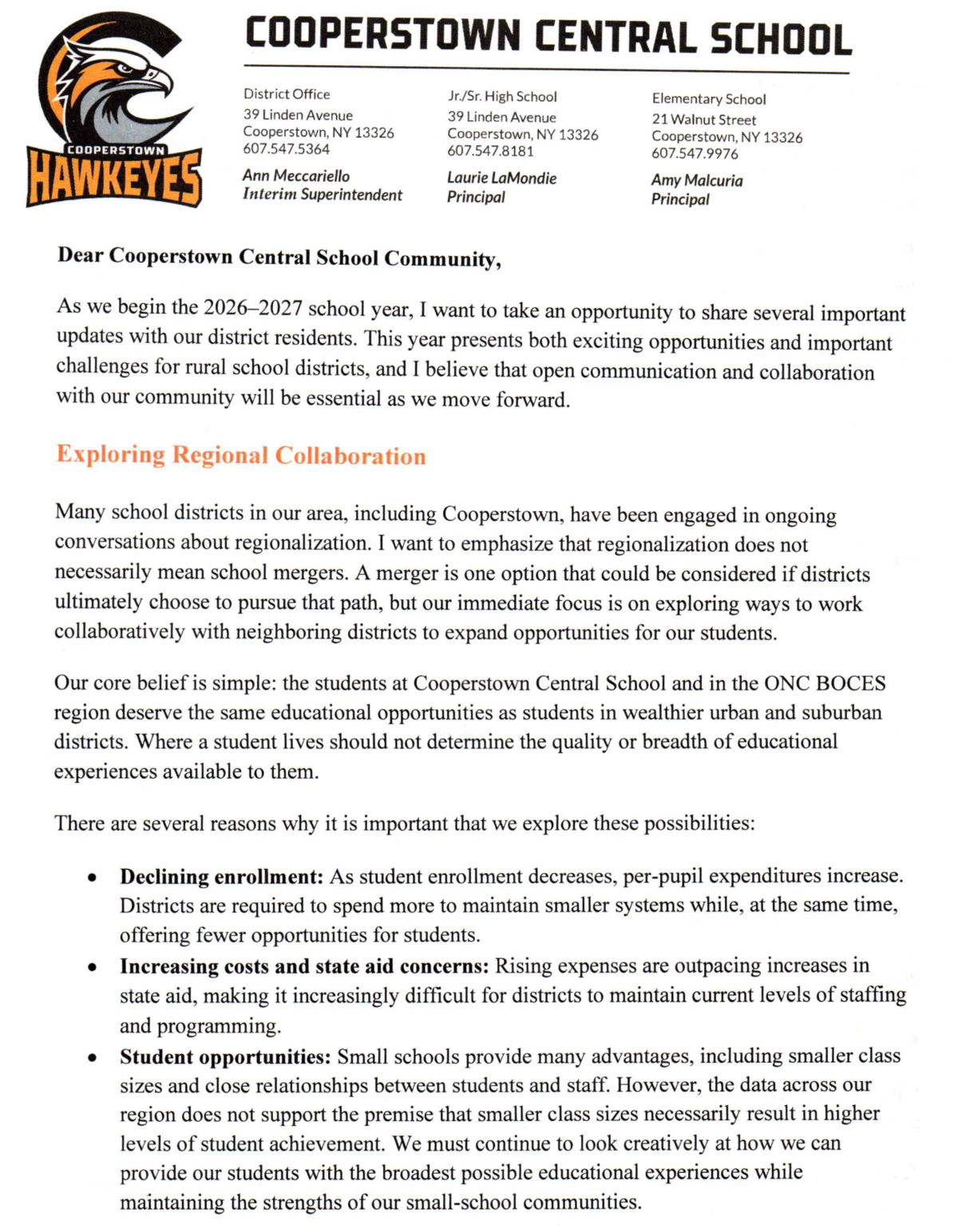 Letter to the Cooperstown Central School District Community