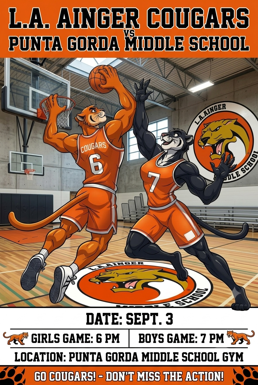 🏀GAME DAY ALERT! L.A. Ainger vs. Punta Gorda Middle 9/3🏀