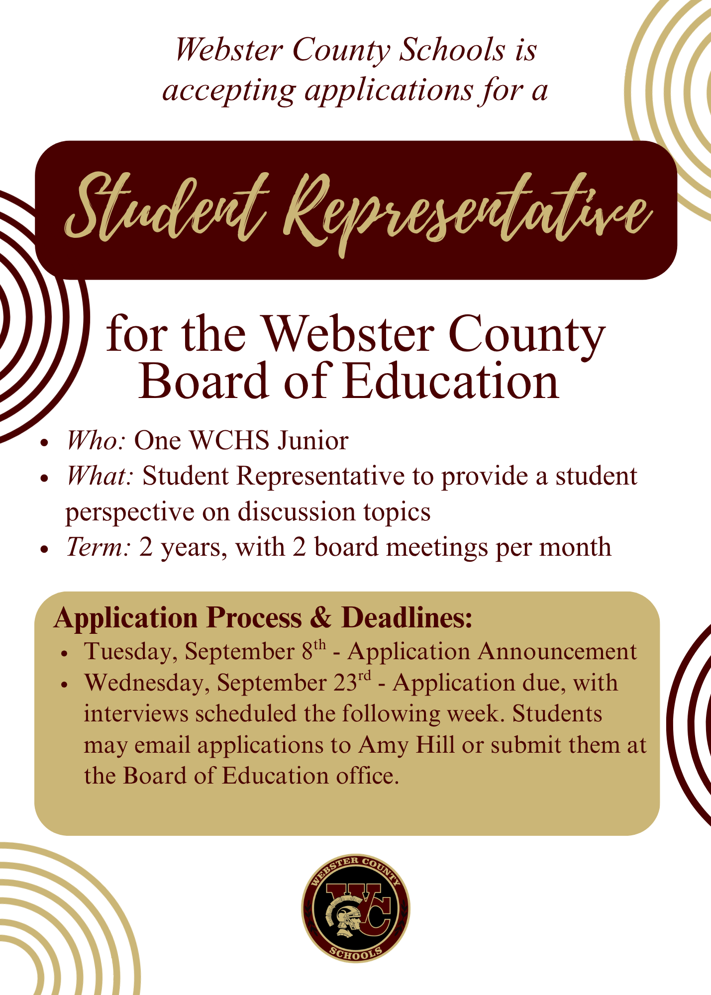 Student Representative for the WC Board of Education - Applications due September 23rd 