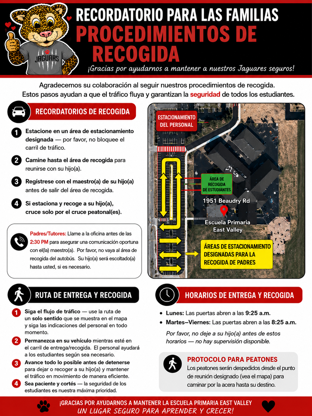 Infographic detailing pickup and drop-off procedures for East Valley Elementary School, featuring a jaguar mascot.