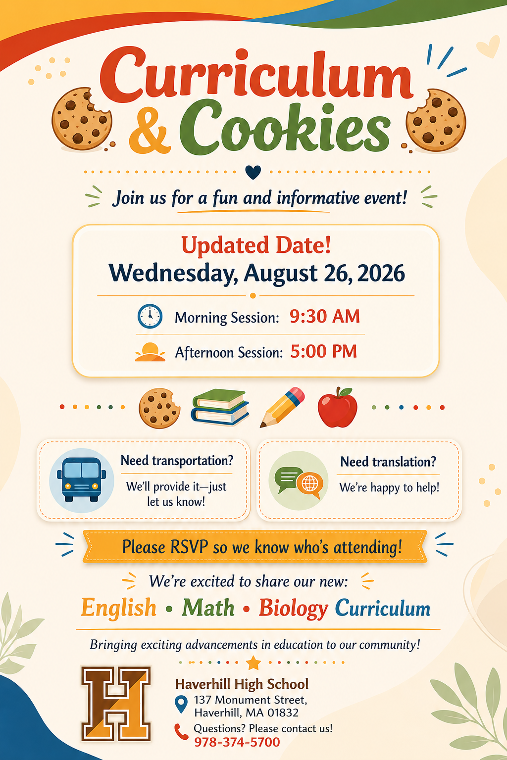 Curriculum and Cookies at HHS on August 26th 
