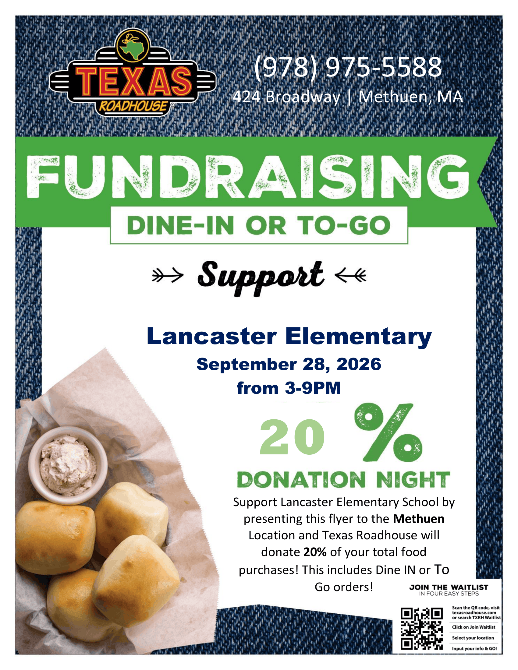 A Texas Roadhouse fundraising flyer for Lancaster Elementary on September 28, 2026, featuring a 20% donation night.
