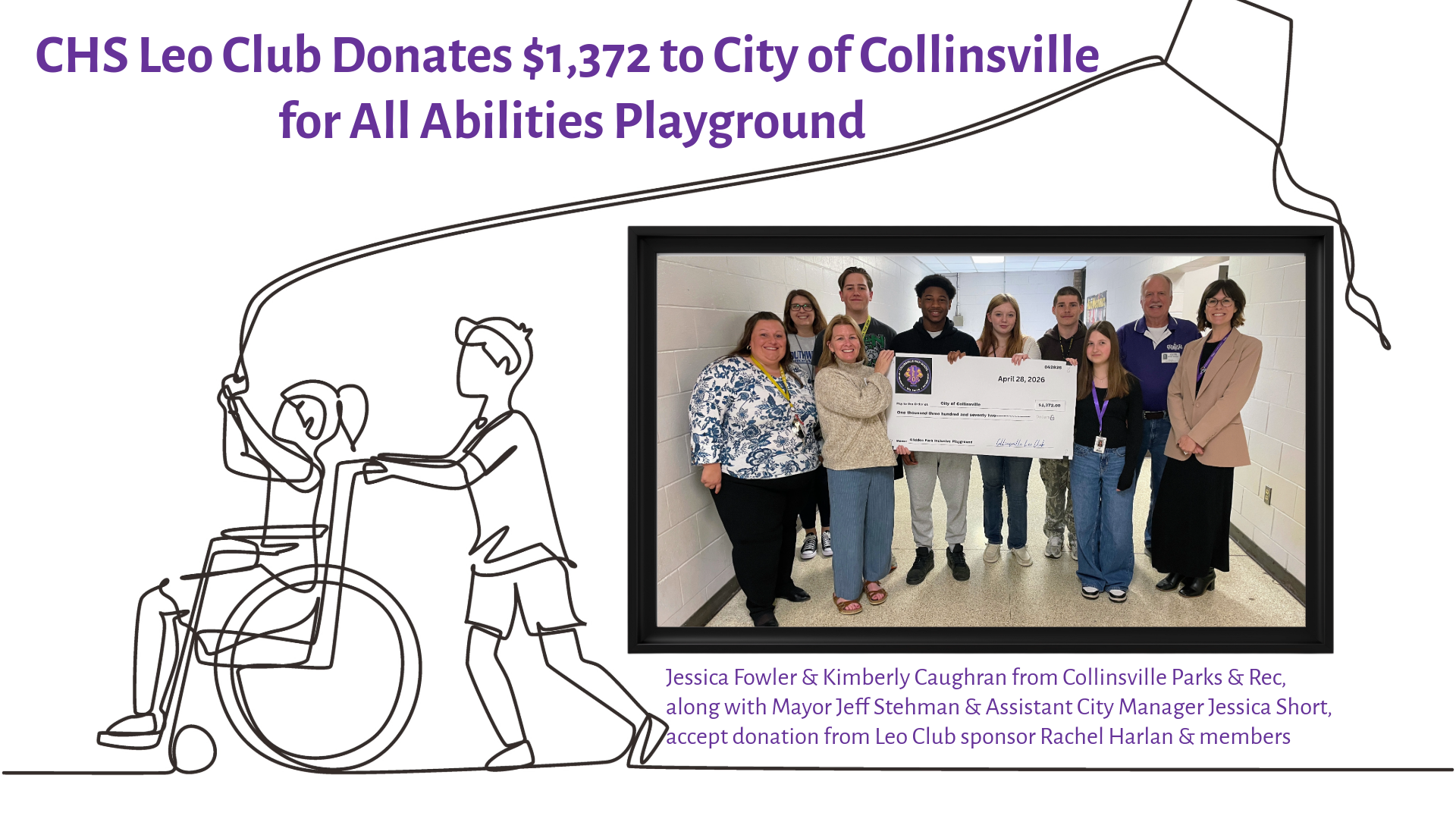 CHS Leo Club presents a $1,372 donation check to the City of Collinsville for an All Abilities Playground.