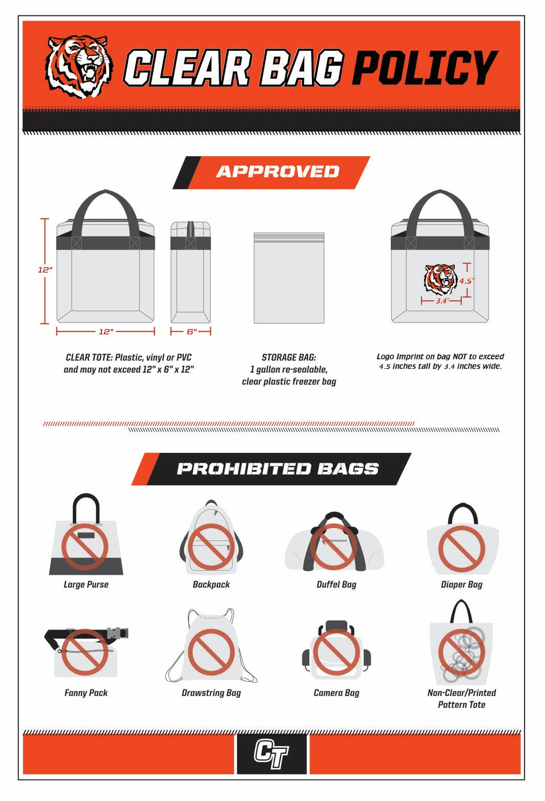 An infographic detailing a clear bag policy, displaying approved and prohibited bags for an event.
