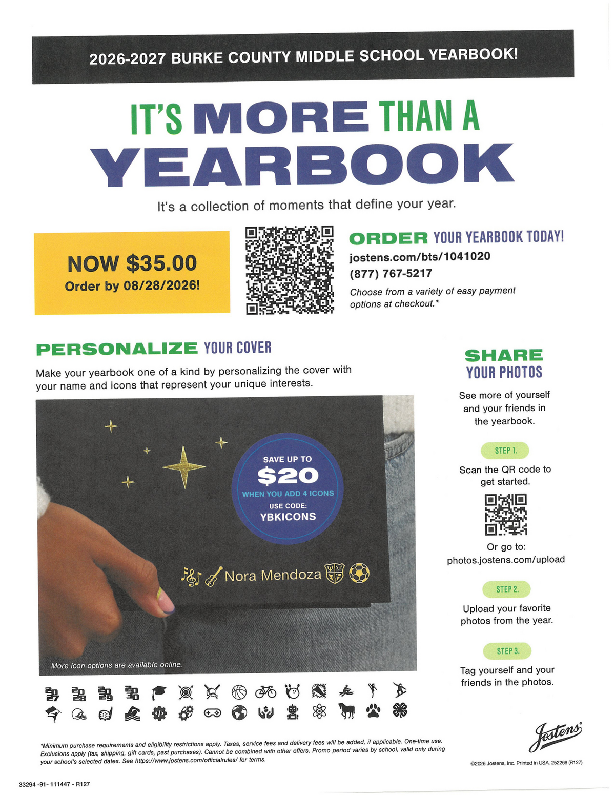 A yearbook cover is shown with the title '2026-2027 Burke County Middle School Yearbook!' and ordering information.