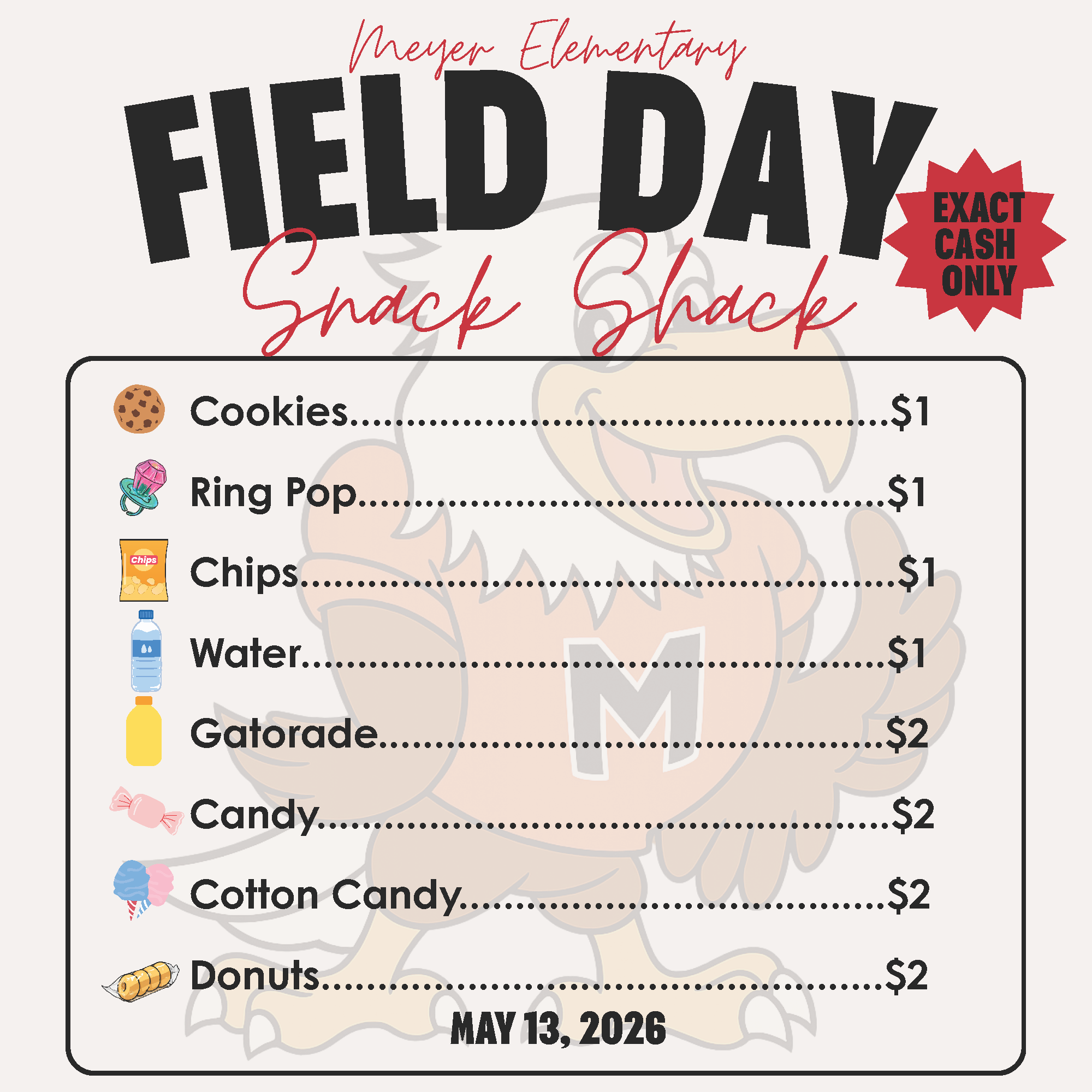 Snack Shack Menu for Field Day Tomorrow