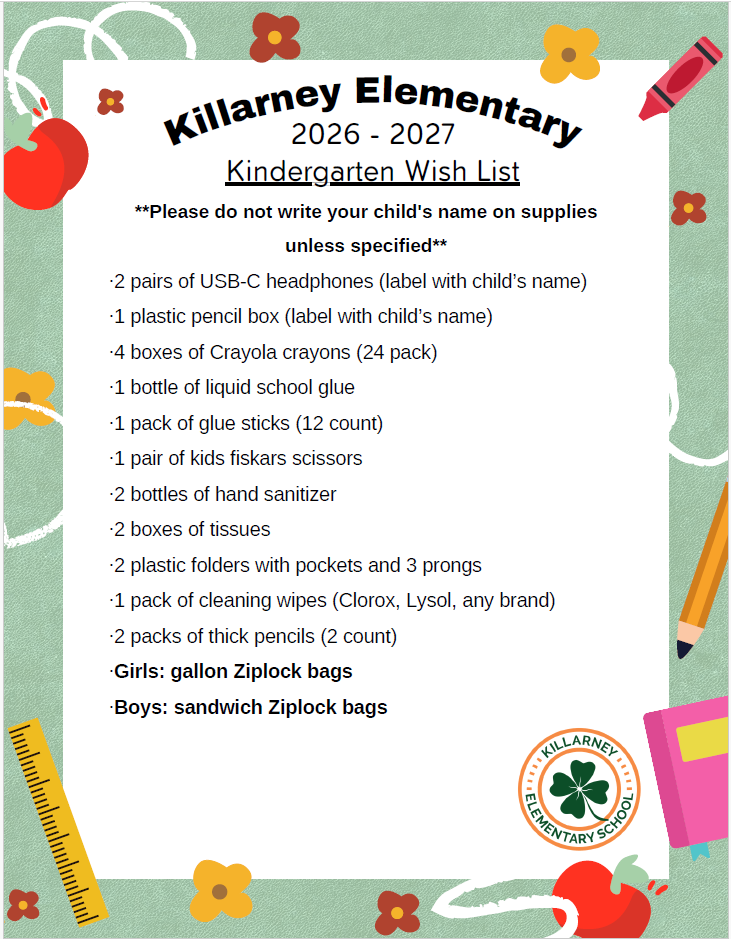 Kindergarten School Supply List 26-27