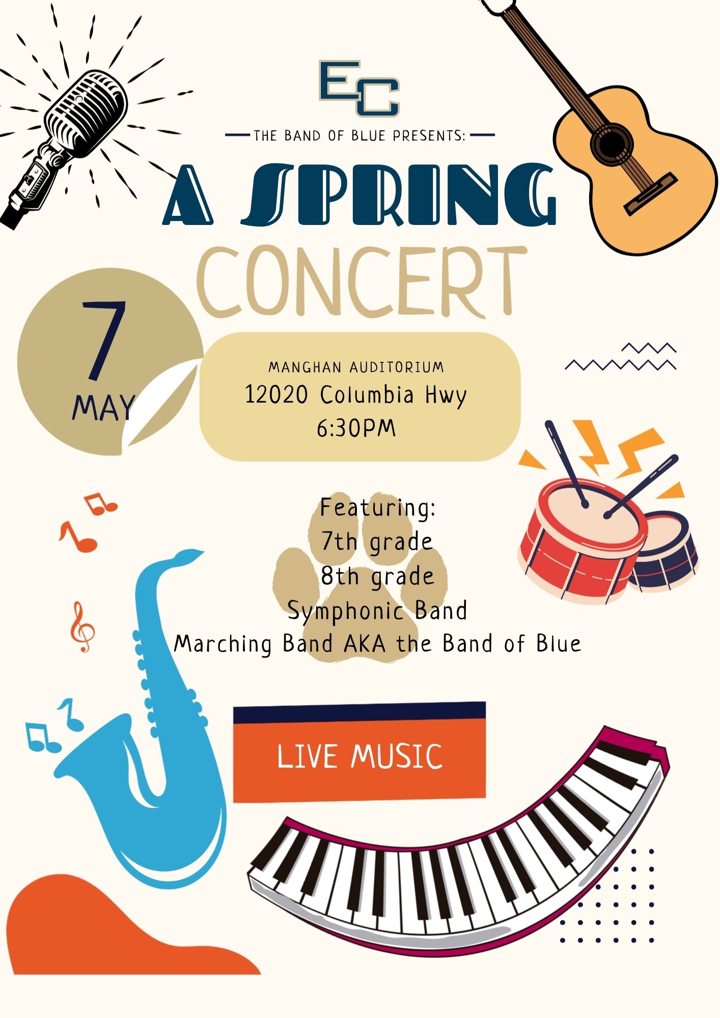 Poster for 'A Spring Concert' by The Band of Blue, featuring musical instruments like a saxophone, drums, guitar, and piano.