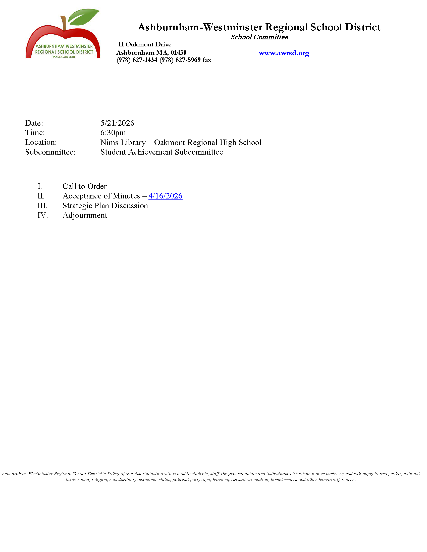 Student Achievement Subcommittee Meeting 5/21/2026
